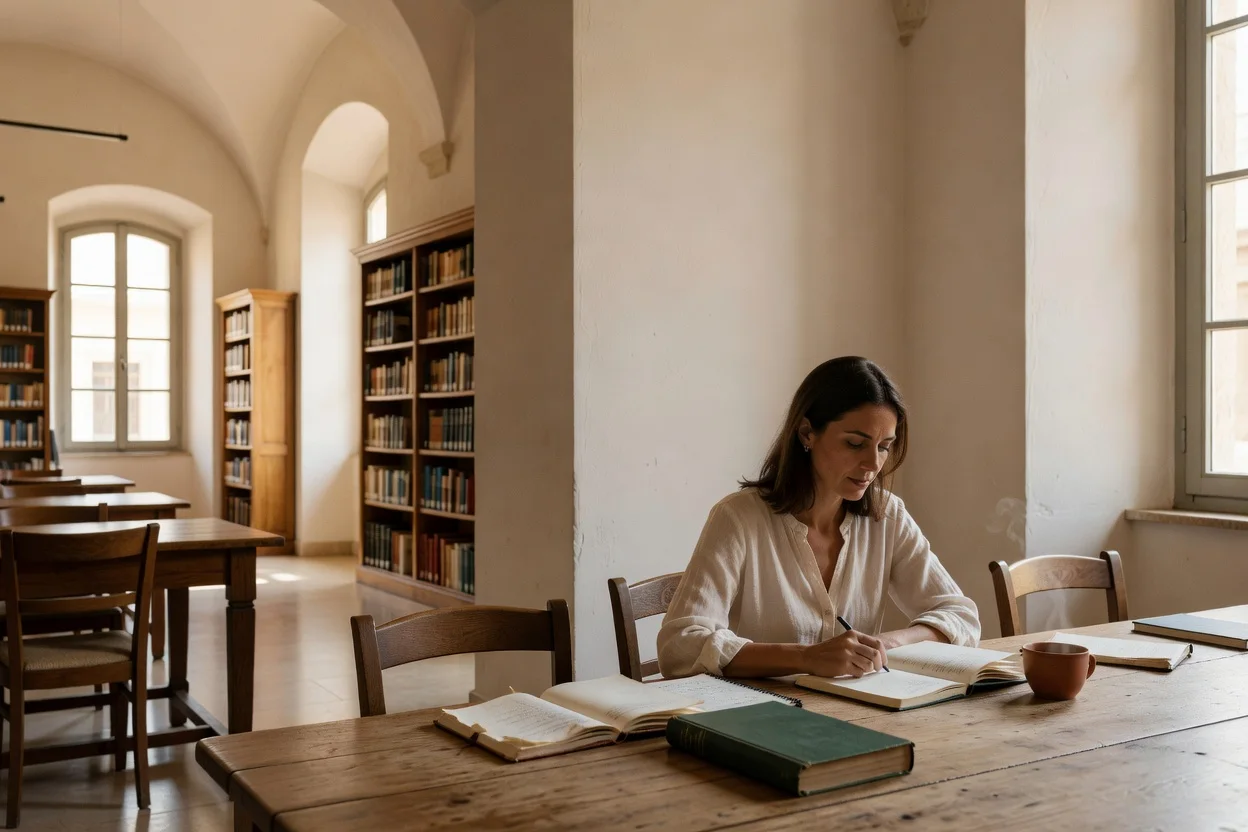 Material de estudio sobre una mesa junto a una ventana